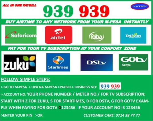 buy airtime to any network from mpesa paybill 939939 account number is your phone number